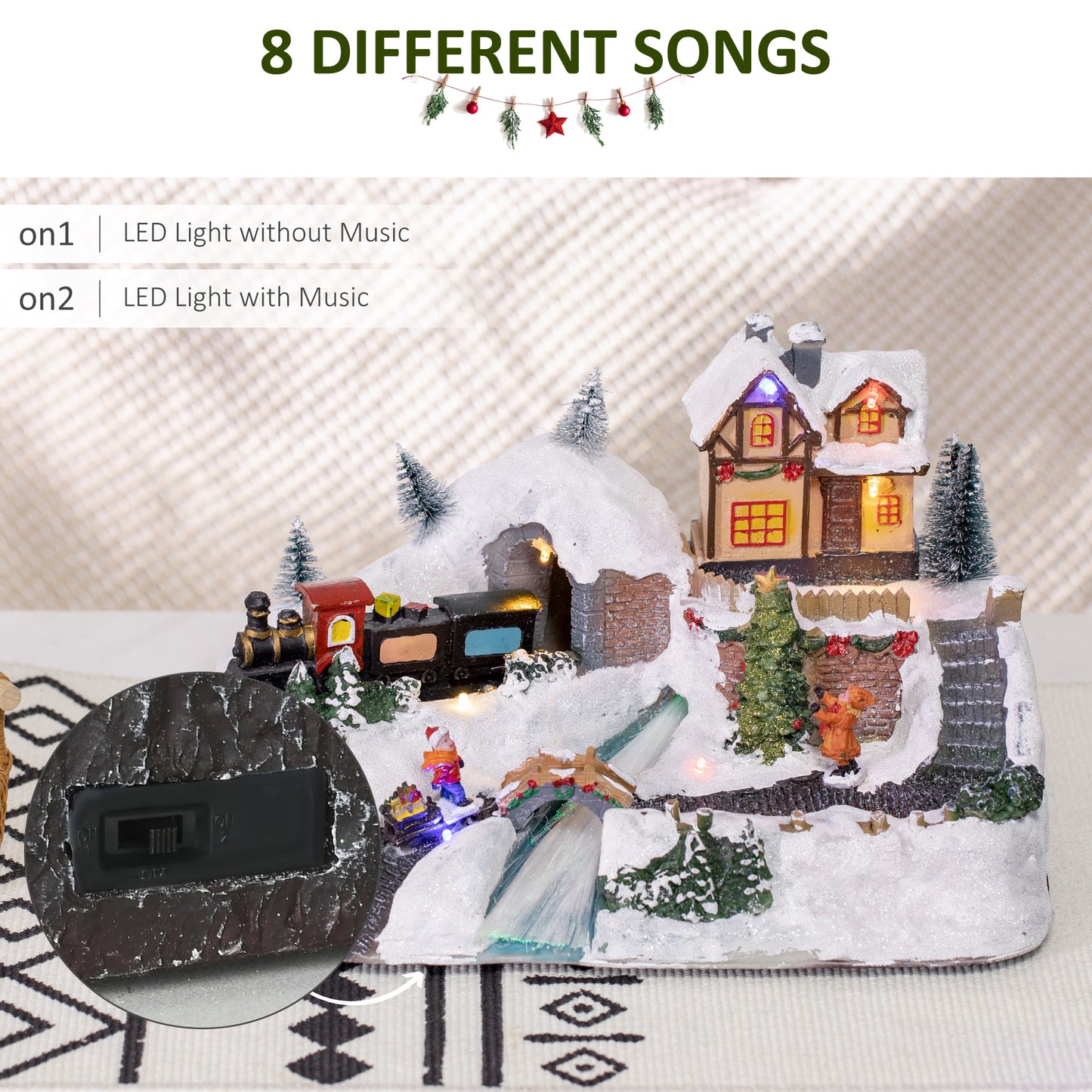 HOMCOM Animated Christmas Village Scene, Battery-Operated Musical Holiday Decoration with LED Light, Fibre Optic River, Moving Train for Tabletop