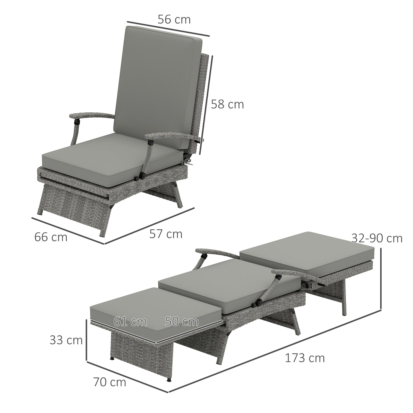 Outsunny 80° Reclining Rattan Lounger - Grey