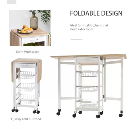 HOMCOM Drop-Leaf Kitchen Trolley w/ 3 Baskets Drawer Surface Top 6 Wheels Rolling Storage Unit Kitchen Home Dining Cart White Oak Tone