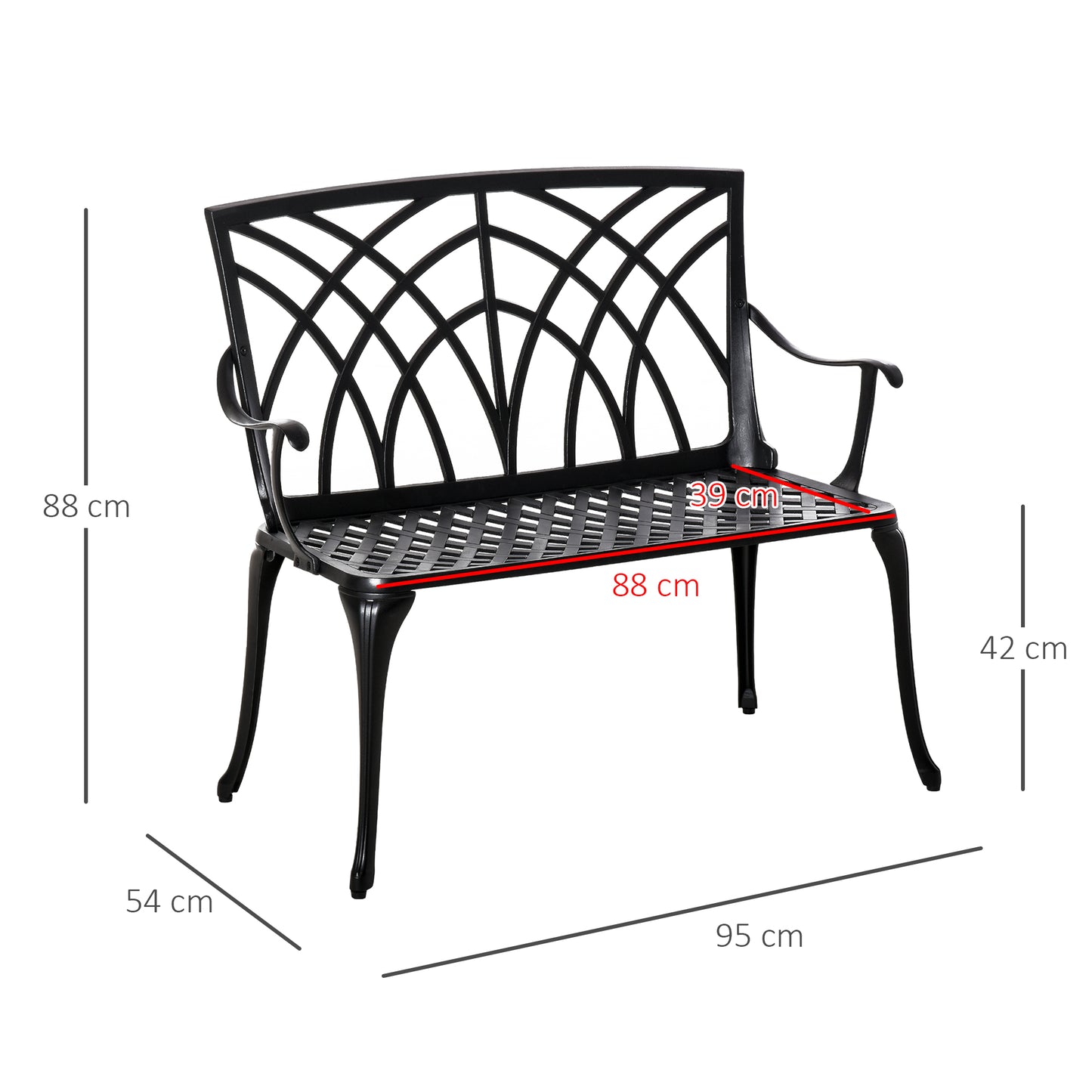Outsunny 2-Seater Aluminium Garden Bench Loveseat Outdoor Furniture with Decorative Backrest & Ergonomic Armrest for Patio Terrace Porch
