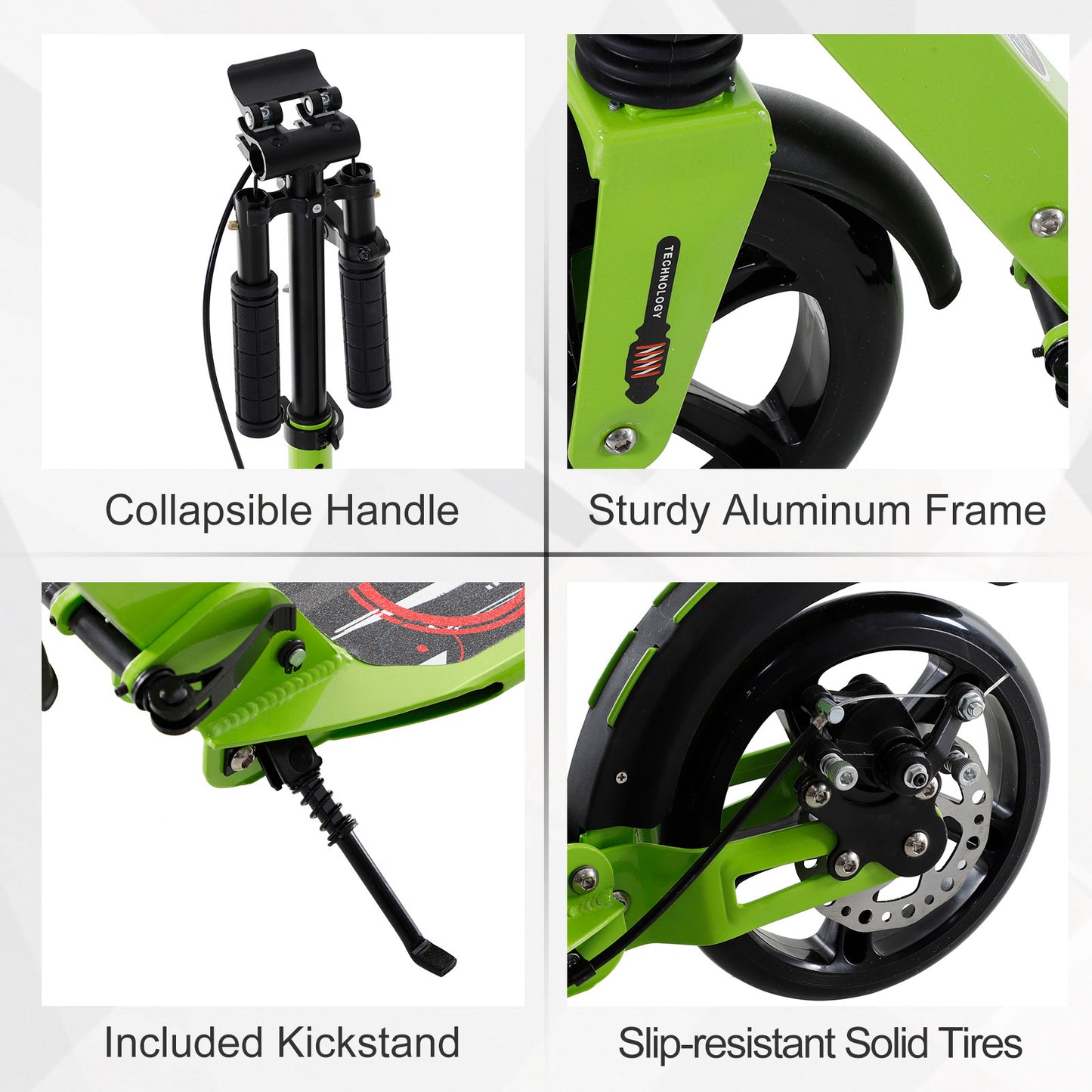 HOMCOM Teens Adult Kick Scooter Foldable Adjustable Aluminum Ride On Toy For 14+ w/ Dual Brake System, Shock Mitigation System - Green 95.5-110.5H CM