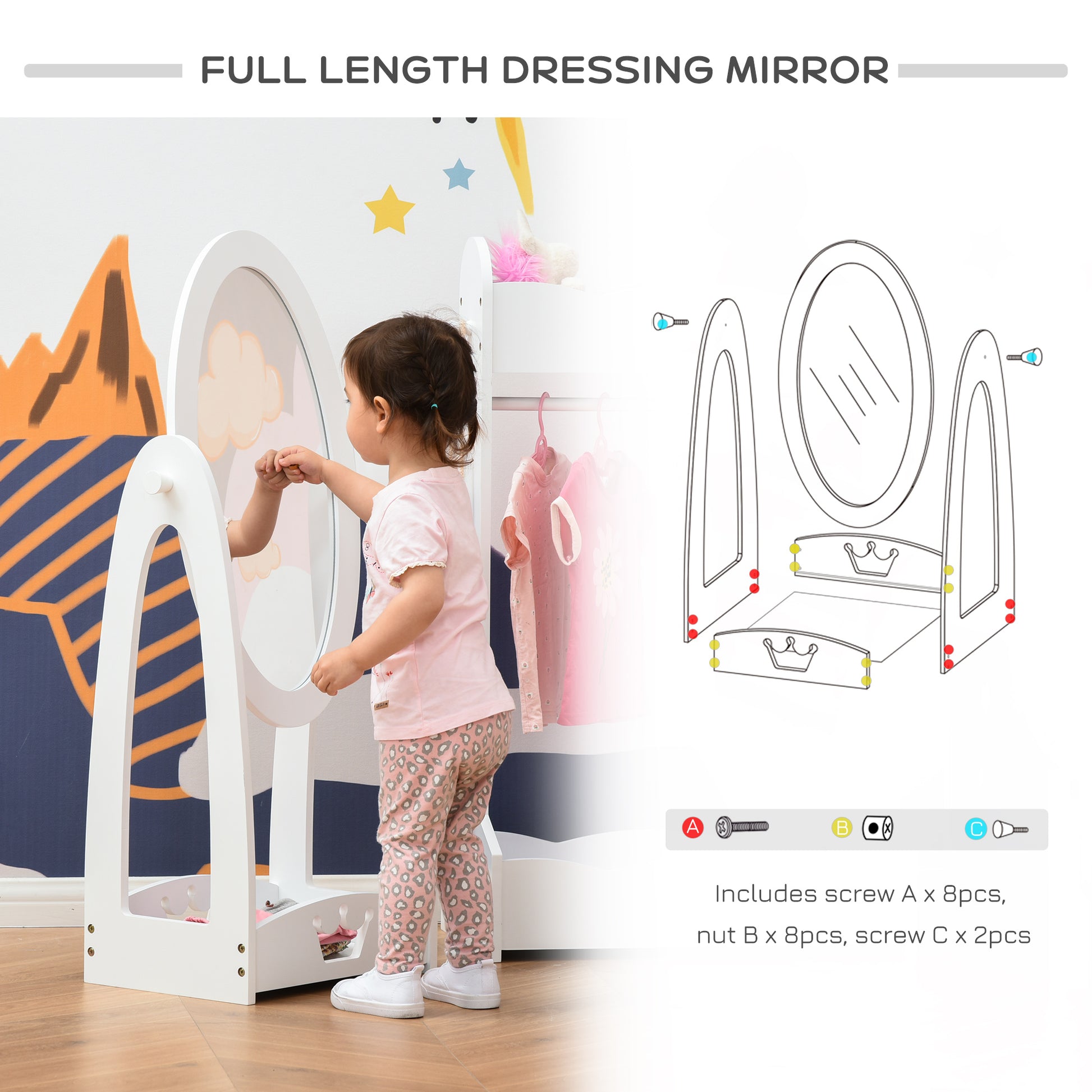 HOMCOM Kids Clothes Rail and Mirror Set 360° Rotation Free Standing Full Length Mirror and Hanging Rack with Storage Shelves Dressing Mirror White