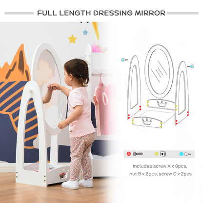 HOMCOM Kids Clothes Rail and Mirror Set 360° Rotation Free Standing Full Length Mirror and Hanging Rack with Storage Shelves Dressing Mirror White