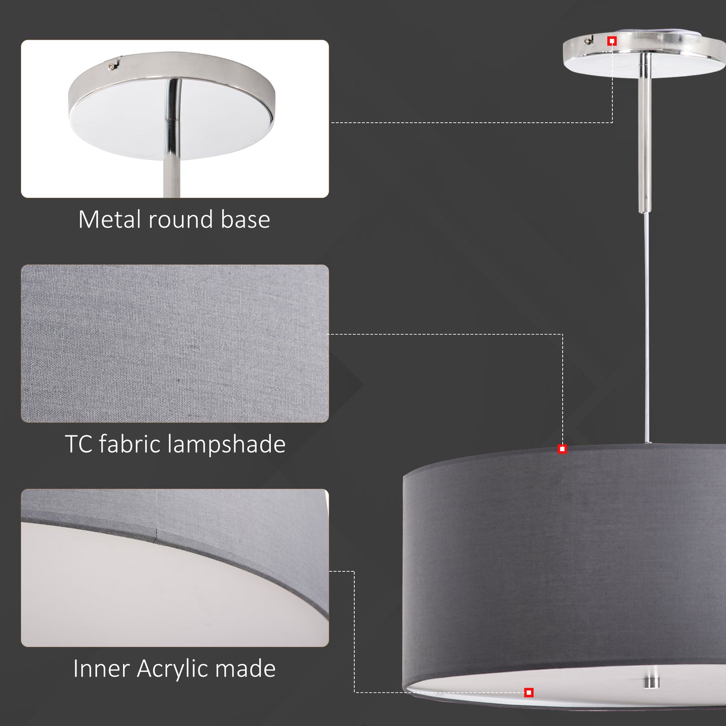 HOMCOM Modern LED Pendant Light Chandelier with Three Lighting Modes Metal Round Base for Living Room, Bedroom, Office, Entrance, Grey, 59 x 59 x 44cm