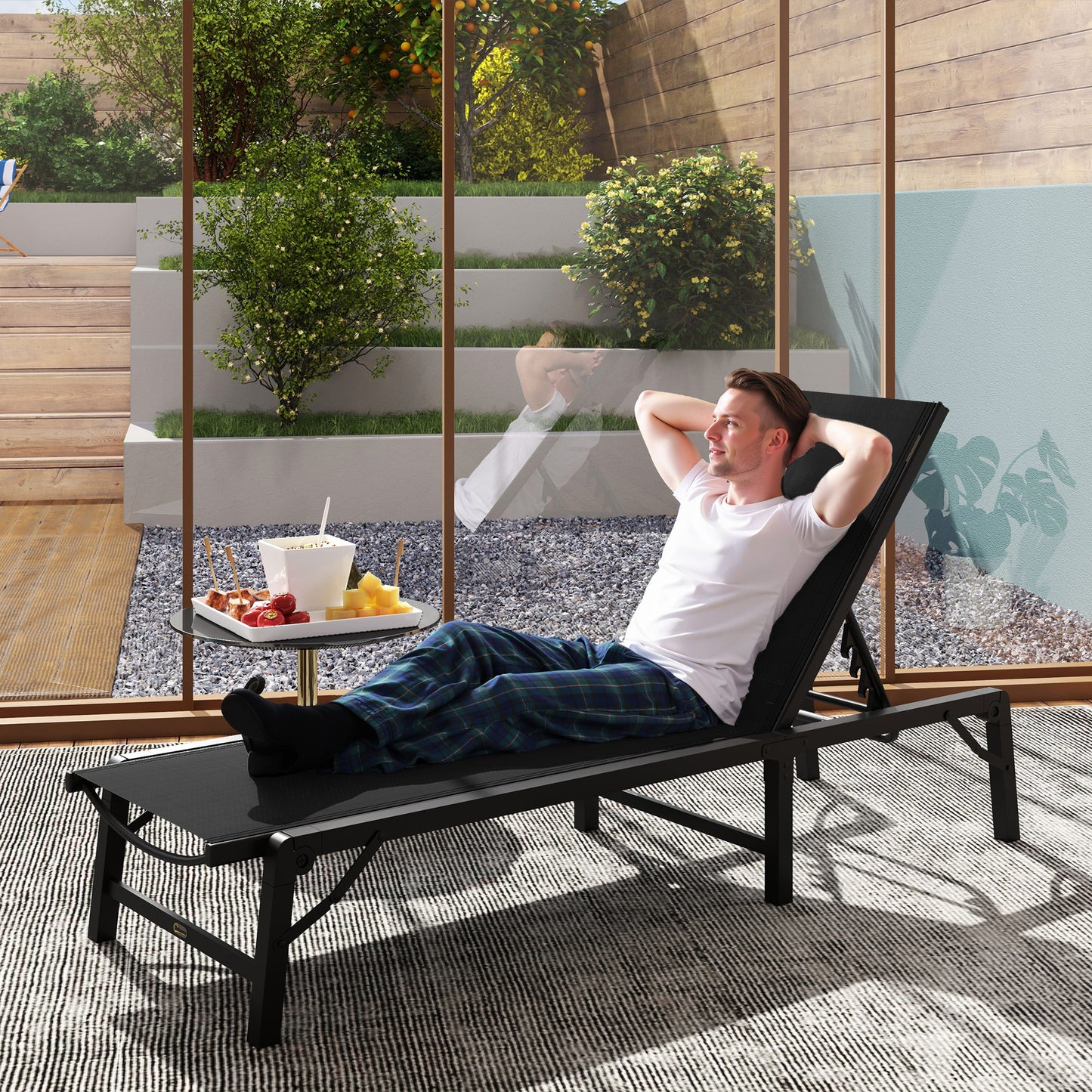 Outsunny Folding Sun Lounger, 5-Position Adjustable Garden Chaise Lounge Sunbed, Steel Frame Reclining Chair for Beach, Porch, Patio, Camping, Black