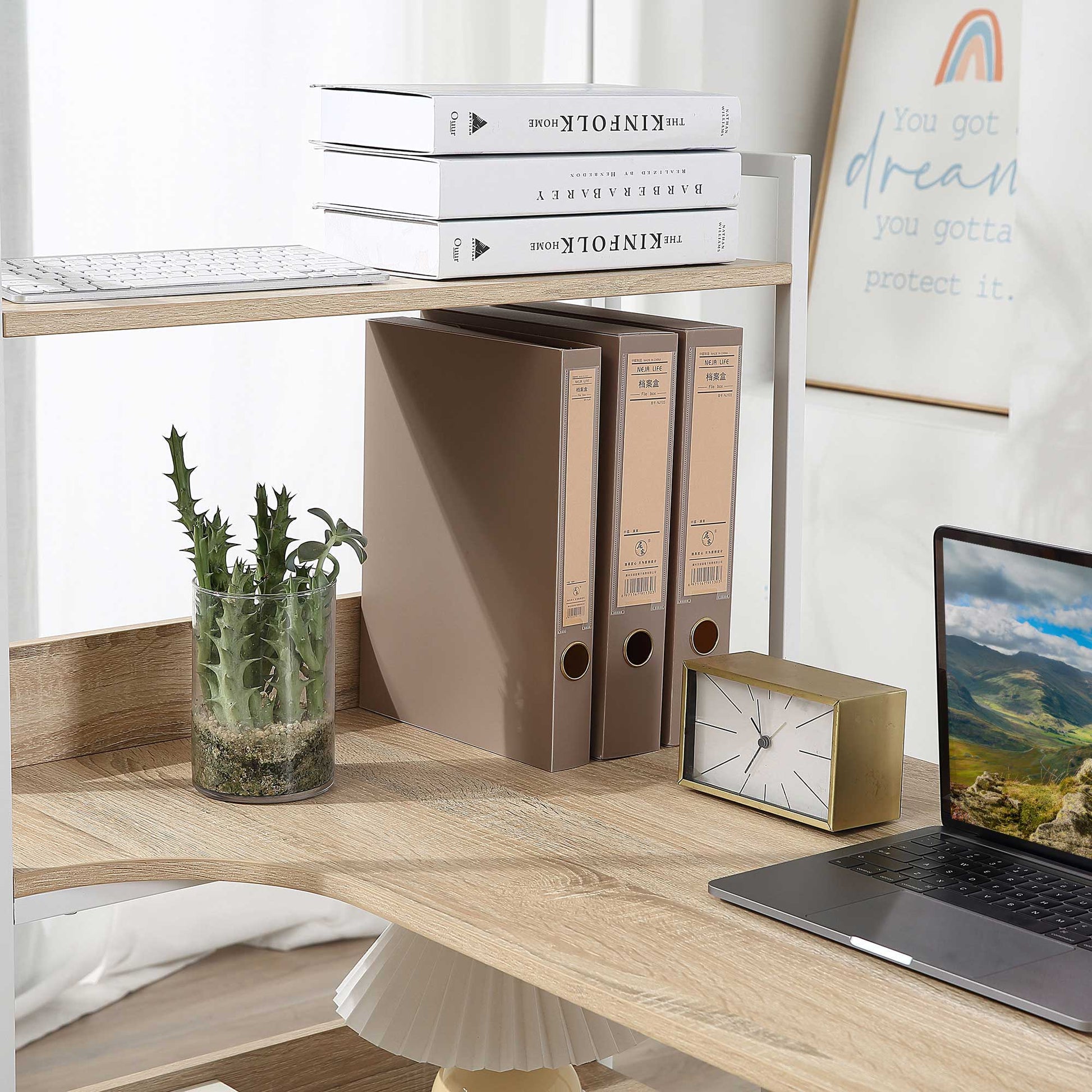 HOMCOM Retro Industrial Computer Desk Home Office Table with 4-Tier Storage Shelf Metal Frame Computer Workstation for Home Office, Oak