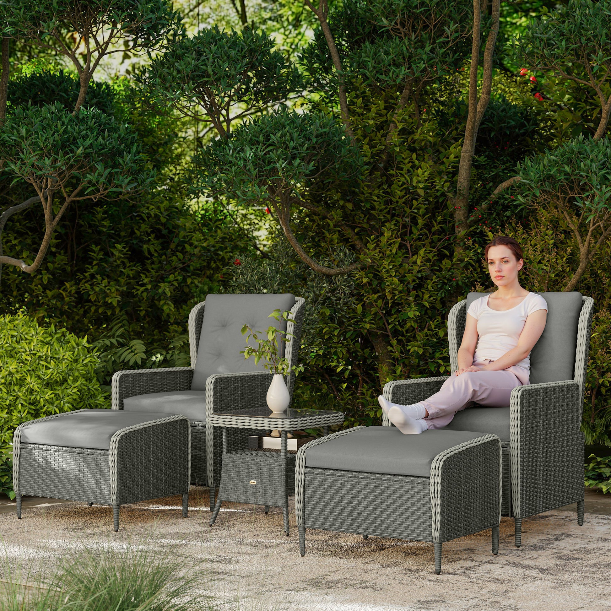 Outsunny Five-Piece Reclining Rattan Chair Set - Charcoal Grey