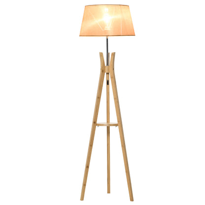 HOMCOM Tripod Floor Lamp Light E27 Base Bedroom Living Room Natural Wood Fabric Shade Storage Shelf Foot Switch, 156cm, Beige