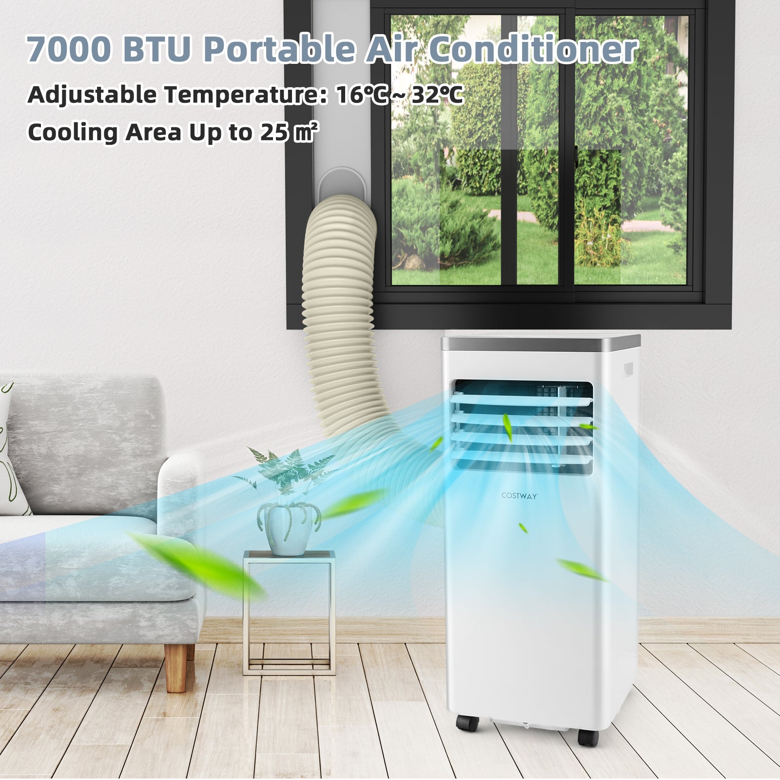 7000BTU Portable Air Conditioner with Remote Control and 24H Timer