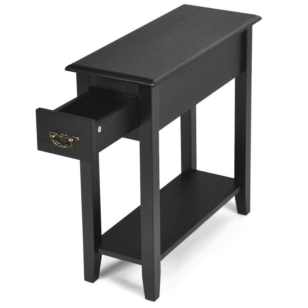 2-Tier Bedside Table with Drawer and Storage Shelf-Black