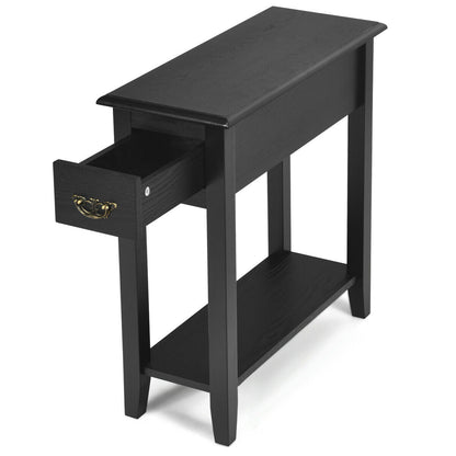 2-Tier Bedside Table with Drawer and Storage Shelf-Black