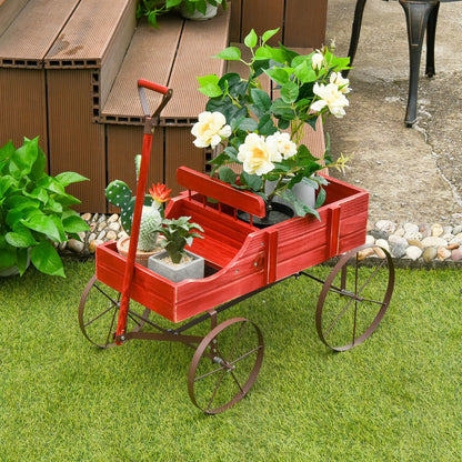 Amish Styled Wagon Plant Stand with Wheels-Red