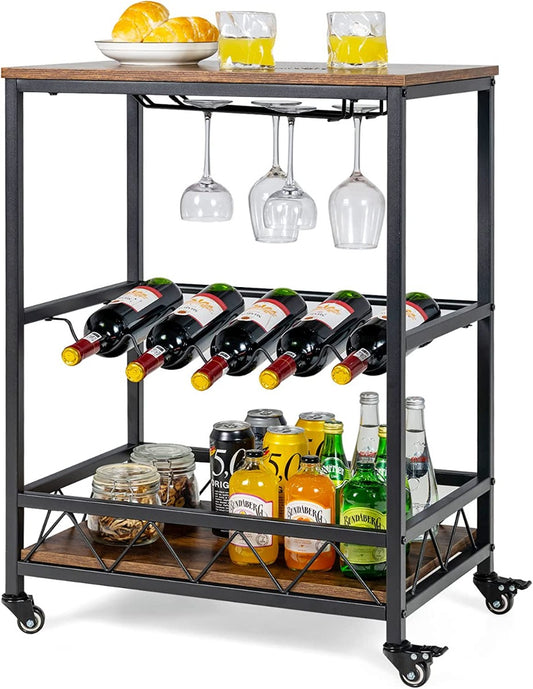 Portable Serving Trolley with 2 Glass Holders and Wine Rack