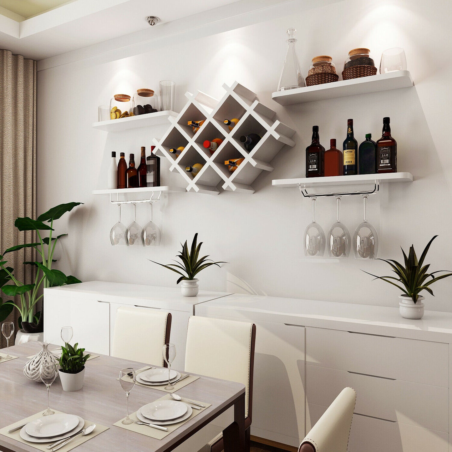 Floating Wall Mounted Wine Rack with Four Separate Shelves, 2 with Glass Storage-White