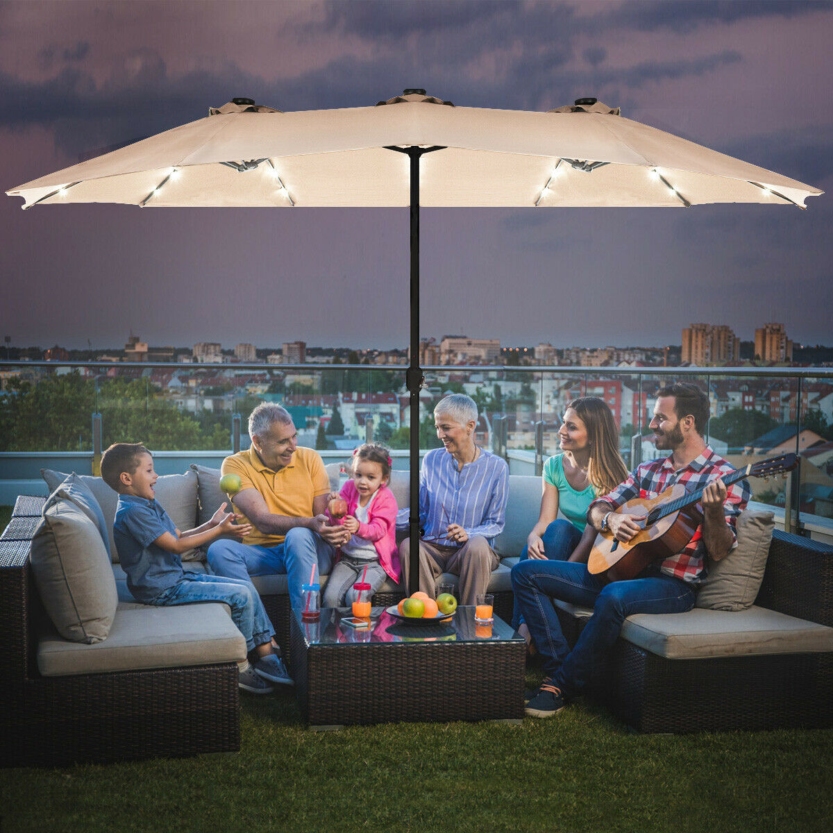 Extra Large LED Patio Double-Sided Umbrella Crank Parasol-Beige