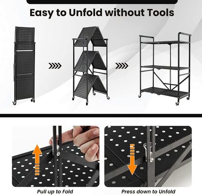 3-Tier Heavy-Duty Steel Rack with 2 Lockable Casters