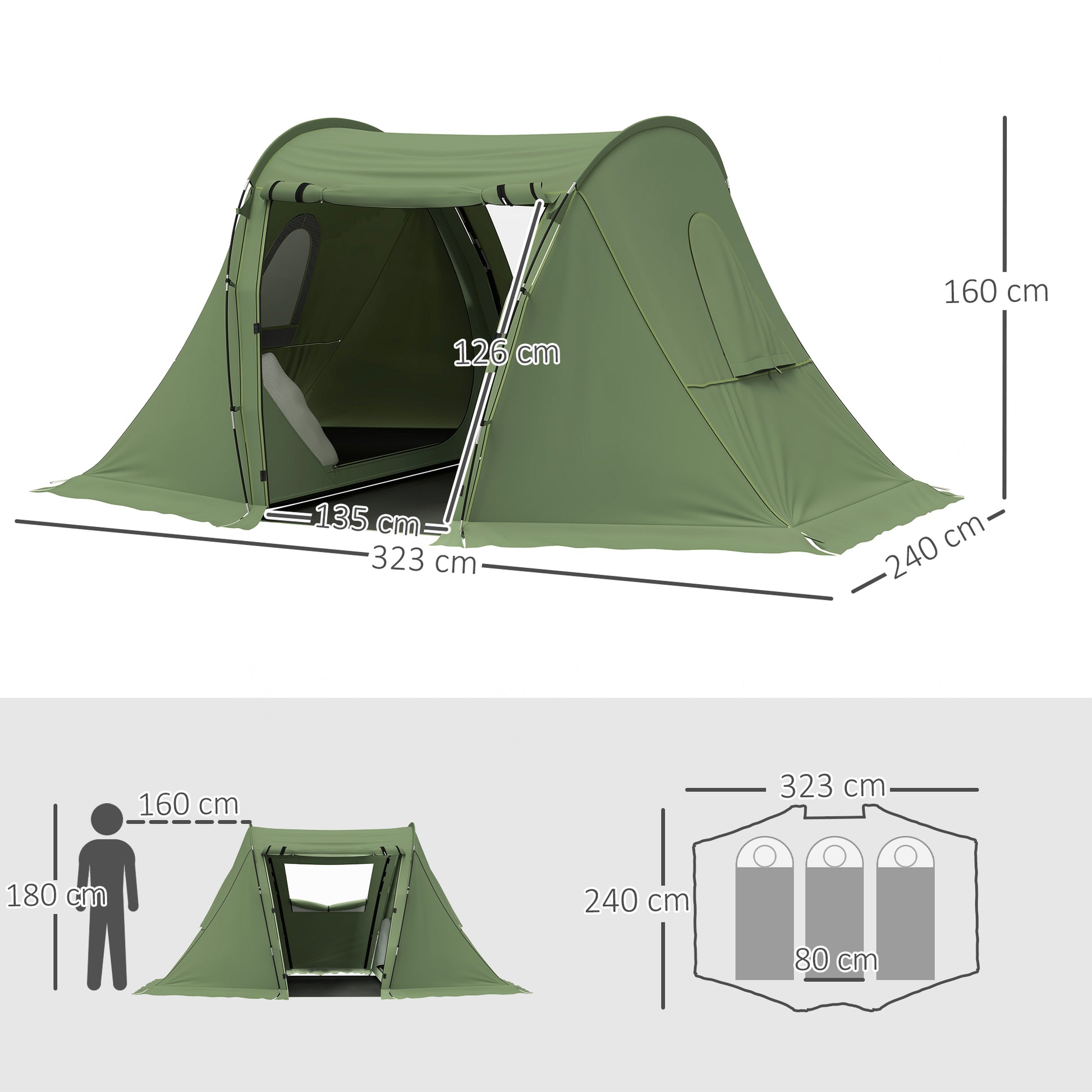 Outsunny 3 Man Camping Tent with Living Area and 2 Bedrooms, 3000mm Waterproof Family Tent with Sewn-in Groundsheet, Portable Dome Tent with Bag for Hiking, Festival, Backpacking, Green