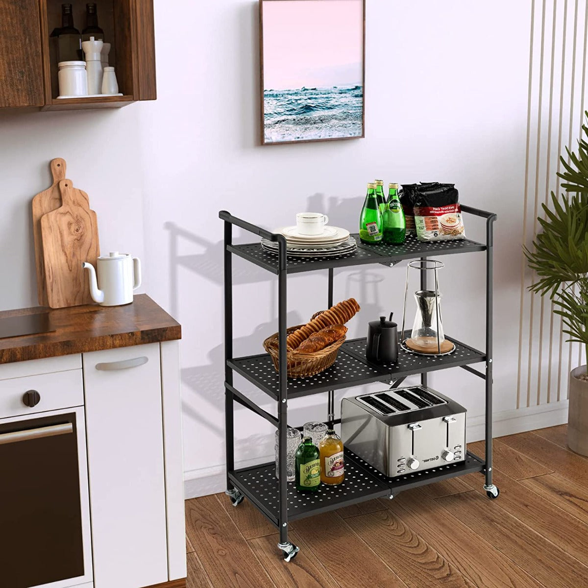 3-Tier Heavy-Duty Steel Rack with 2 Lockable Casters
