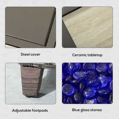 Outsunny 5-Piece Rattan Patio Furniture Set with Gas Fire Pit Table, Loveseat Sofa, Armchairs, Cushions, Pillows, Dark Brown