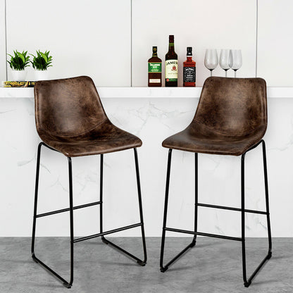 Set of 2 Vintage Faux Suede Bar Stools-Brown