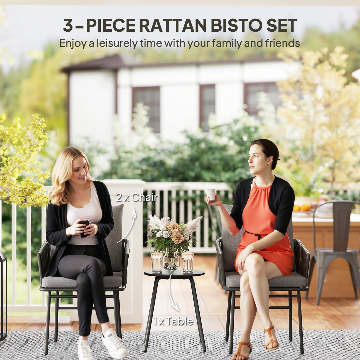 Outsunny 3-Piece Rattan Bistro Set, Garden Table and Chairs with 4 Cushions, Patio Rattan Conversation Furniture Set for Balcony, Porch, Terrace, Grey