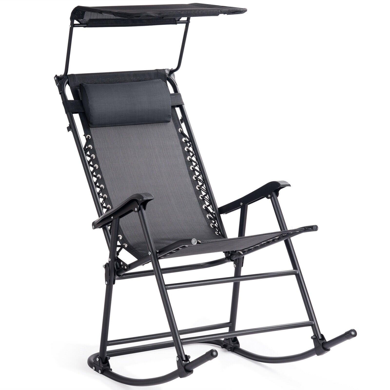 Folding Garden Rocking Chair with Sun Canopy-Black