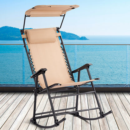 Folding Garden Rocking Chair with Sun Canopy-Beige