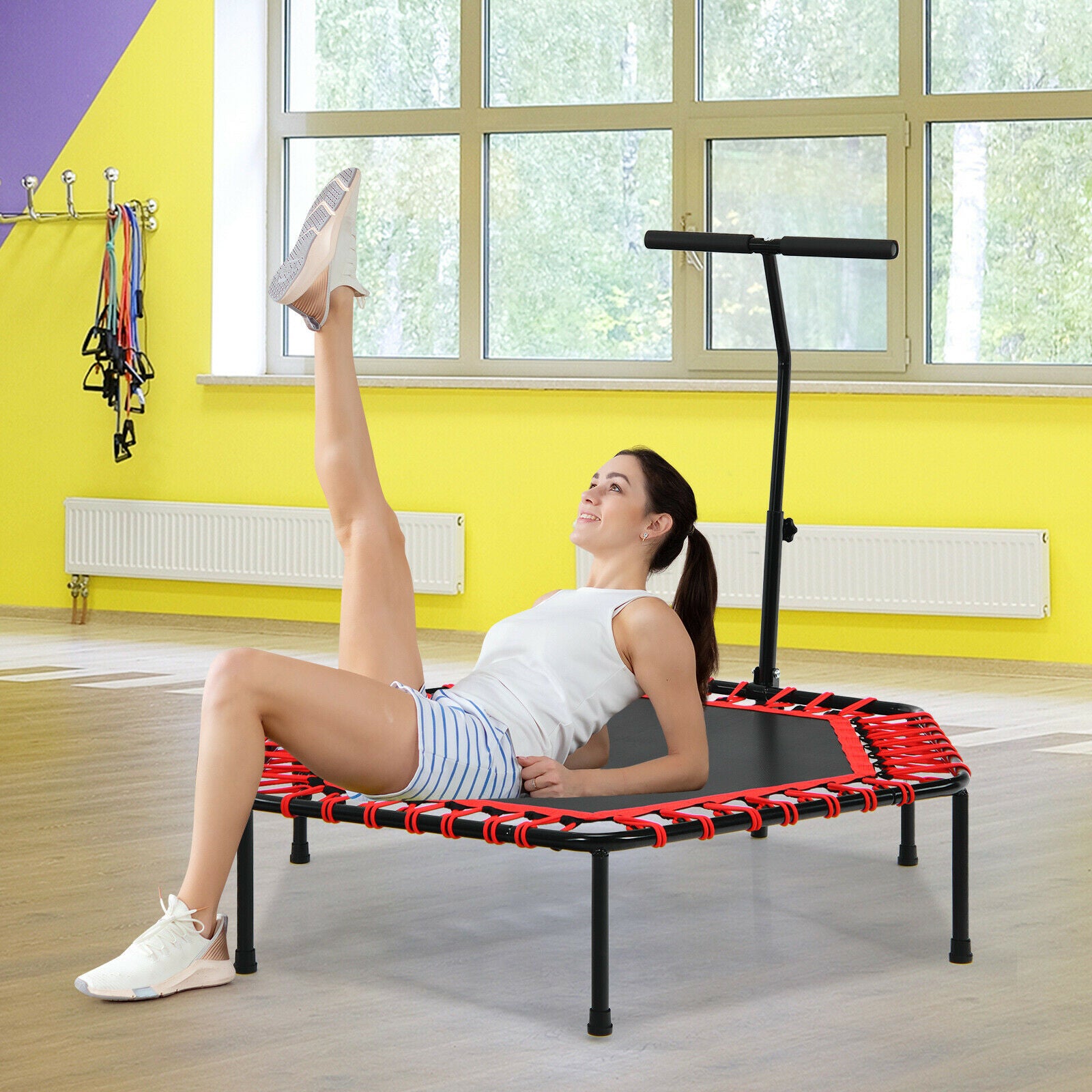 Folding Fitness Trampoline Adults/ Kids with Adjustable Handrail-Red