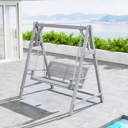 Outsunny 2 Seater Garden Swing Seat, Wooden Swing Chair Bench with Cup Holders for Outdoor Porch Patio, Grey