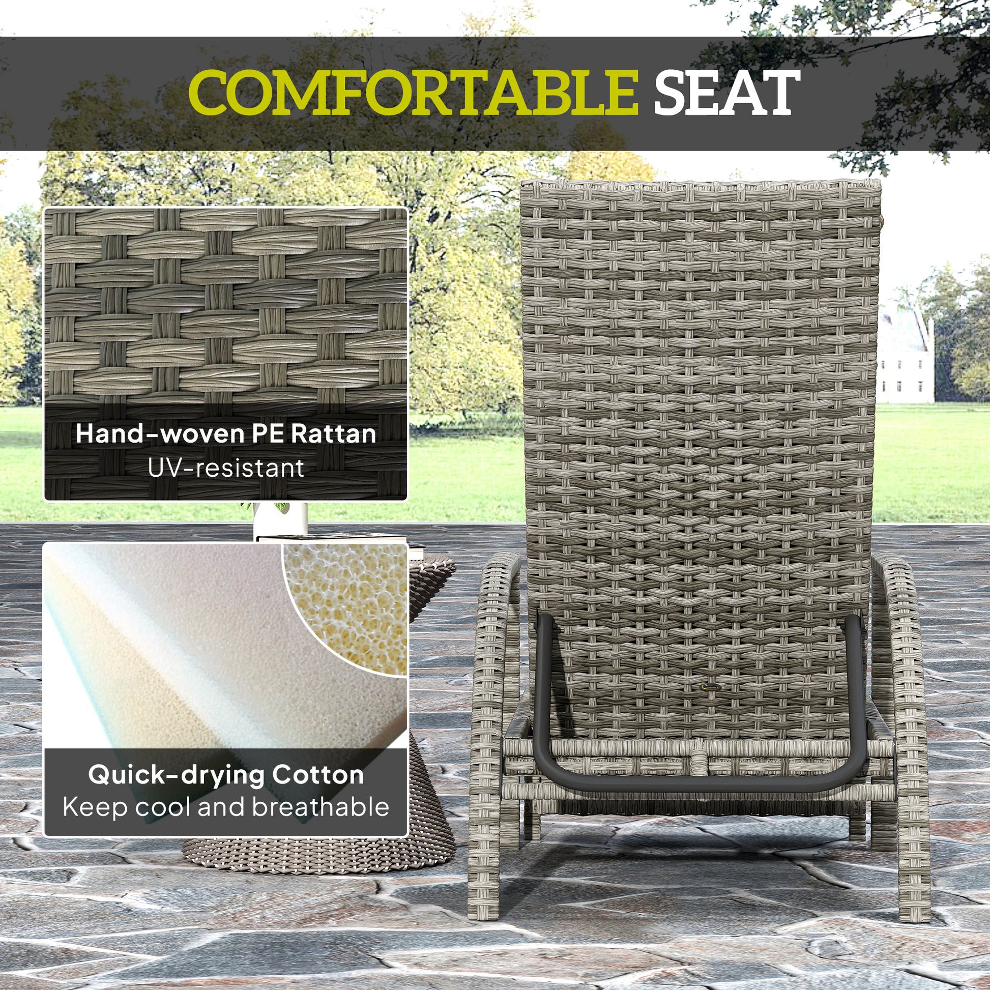 Outsunny Reclining Rattan Lounger, with Extending Footrest - Grey