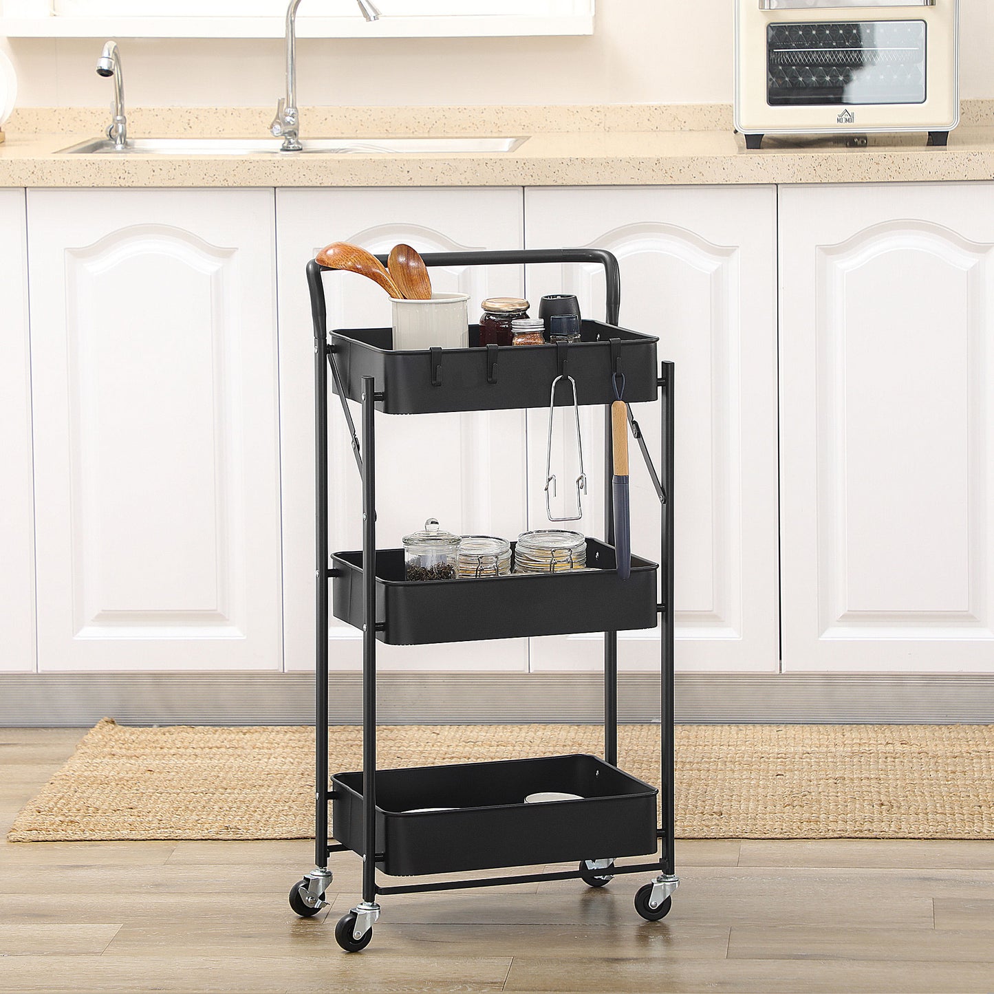 HOMCOM 3 Tier Storage Trolley Cart, Foldable Rolling Utility Cart with 3 Mesh Baskets, 4 Removable Hooks for Living Room, Laundry and Kitchen, Black