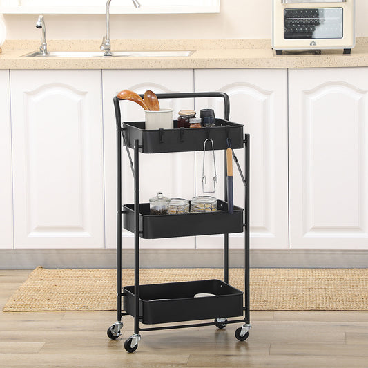 HOMCOM 3 Tier Storage Trolley Cart, Foldable Rolling Utility Cart with 3 Mesh Baskets, 4 Removable Hooks for Living Room, Laundry and Kitchen, Black