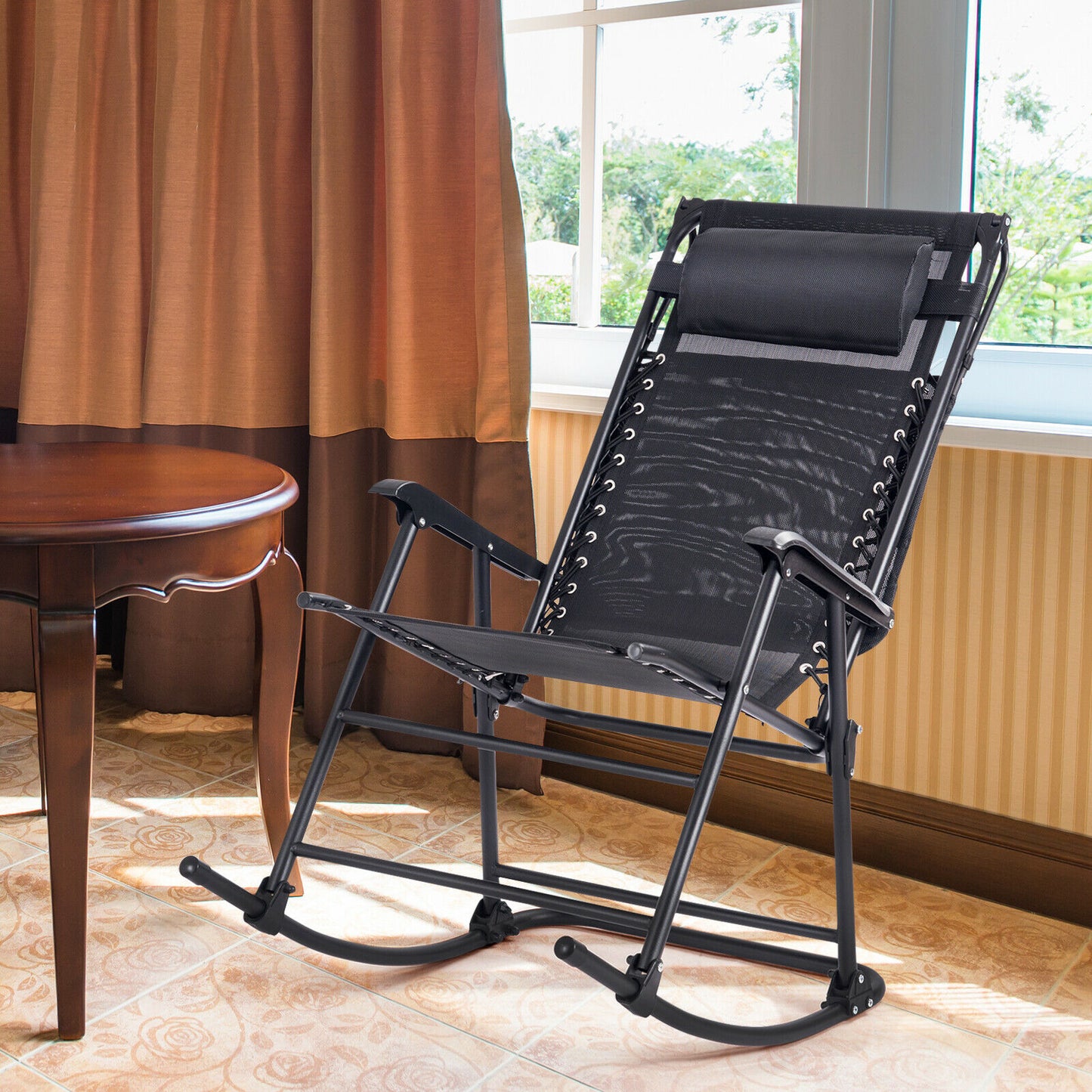 Folding Garden Rocking Chair with Sun Canopy-Black