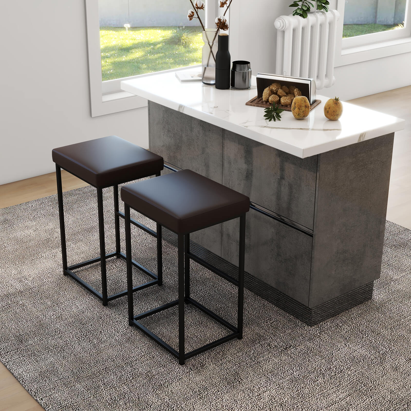 76 cm Barstools Set of 2 with PU Leather Cover and Footrest-Brown