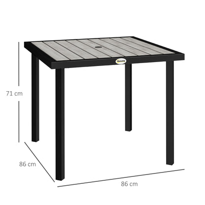 Outsunny Square Garden Dining Table with 5.4cm Parasol Hole, Slatted Top, Metal Frame, 86 x 86 x 71 cm, Light Grey