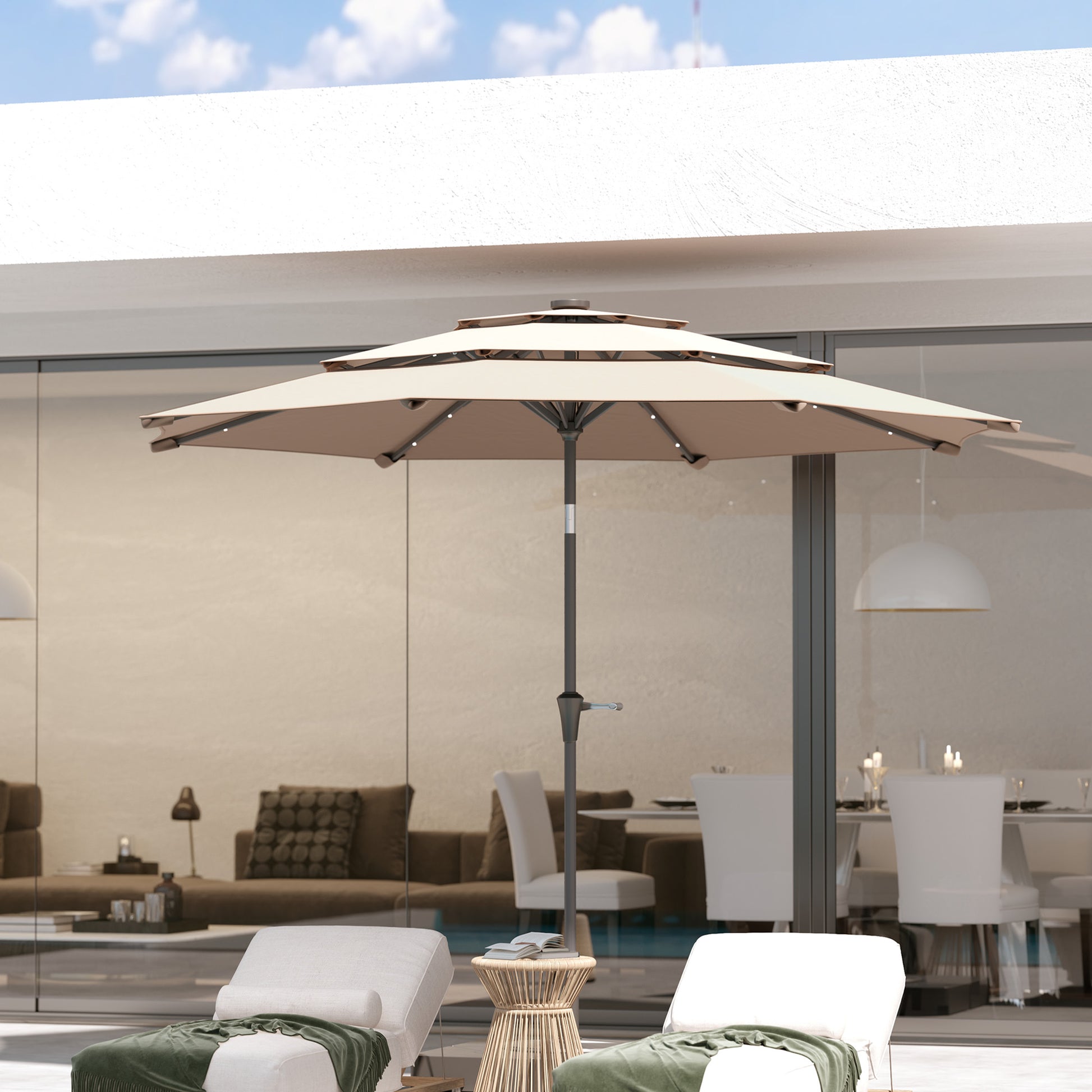 Outsunny 3-Tier Garden Parasol with Solar LED Lights, UPF 30+, Tilt Mechanism & Crank Handle, for Market Terrace, Khaki
