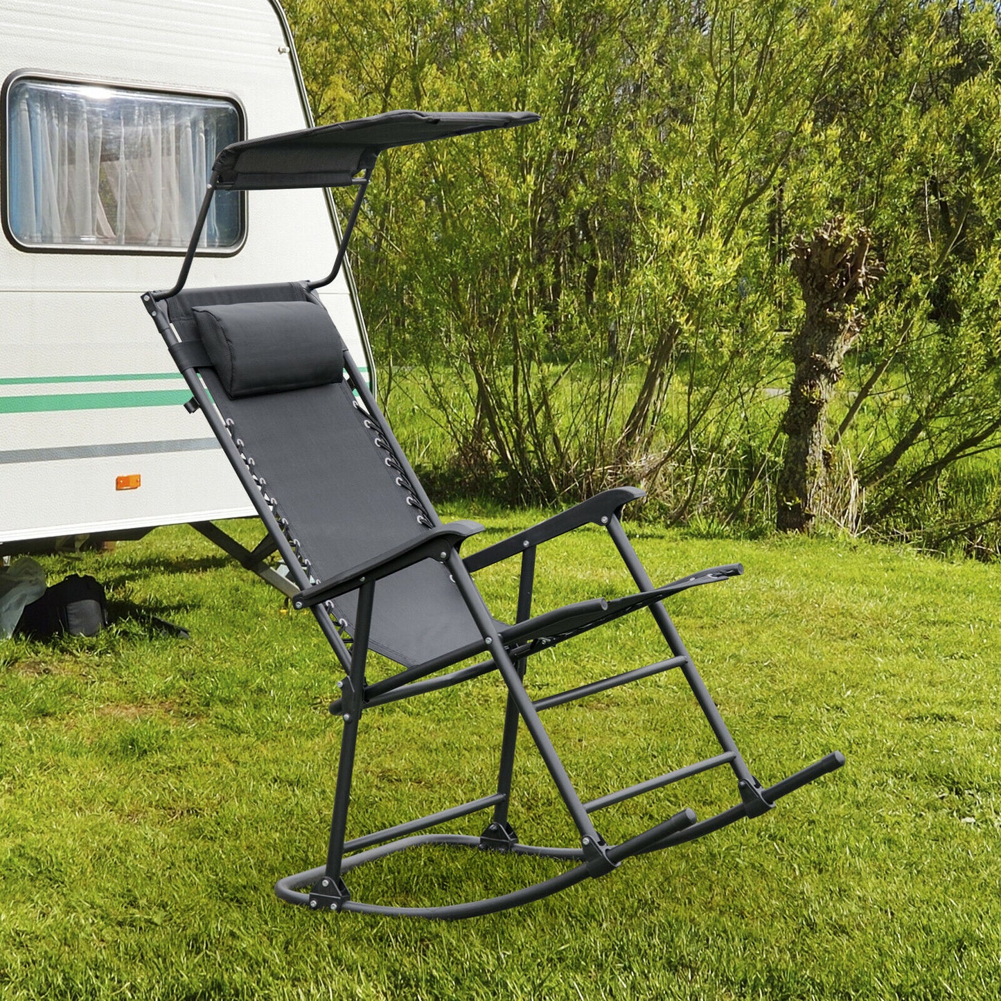 Folding Garden Rocking Chair with Sun Canopy-Black