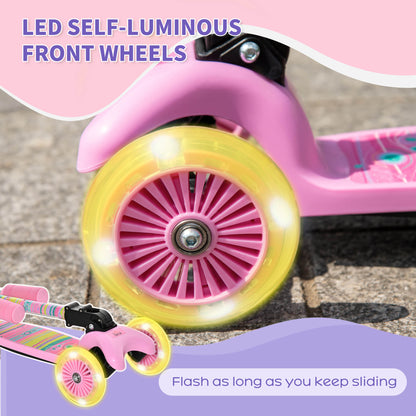 HOMCOM Scooter for Kids Toddler Foldable Kick Scooter with 3 Wheel Adjustable Height Flashing Wheels for Boys and Girls 3-8 Years Pink