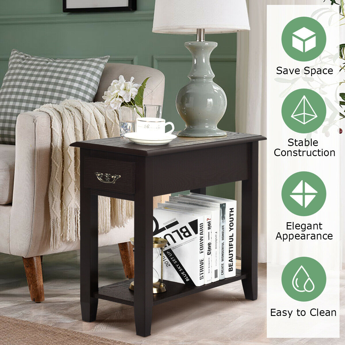 2-Tier Bedside Table with Drawer and Storage Shelf-Coffee