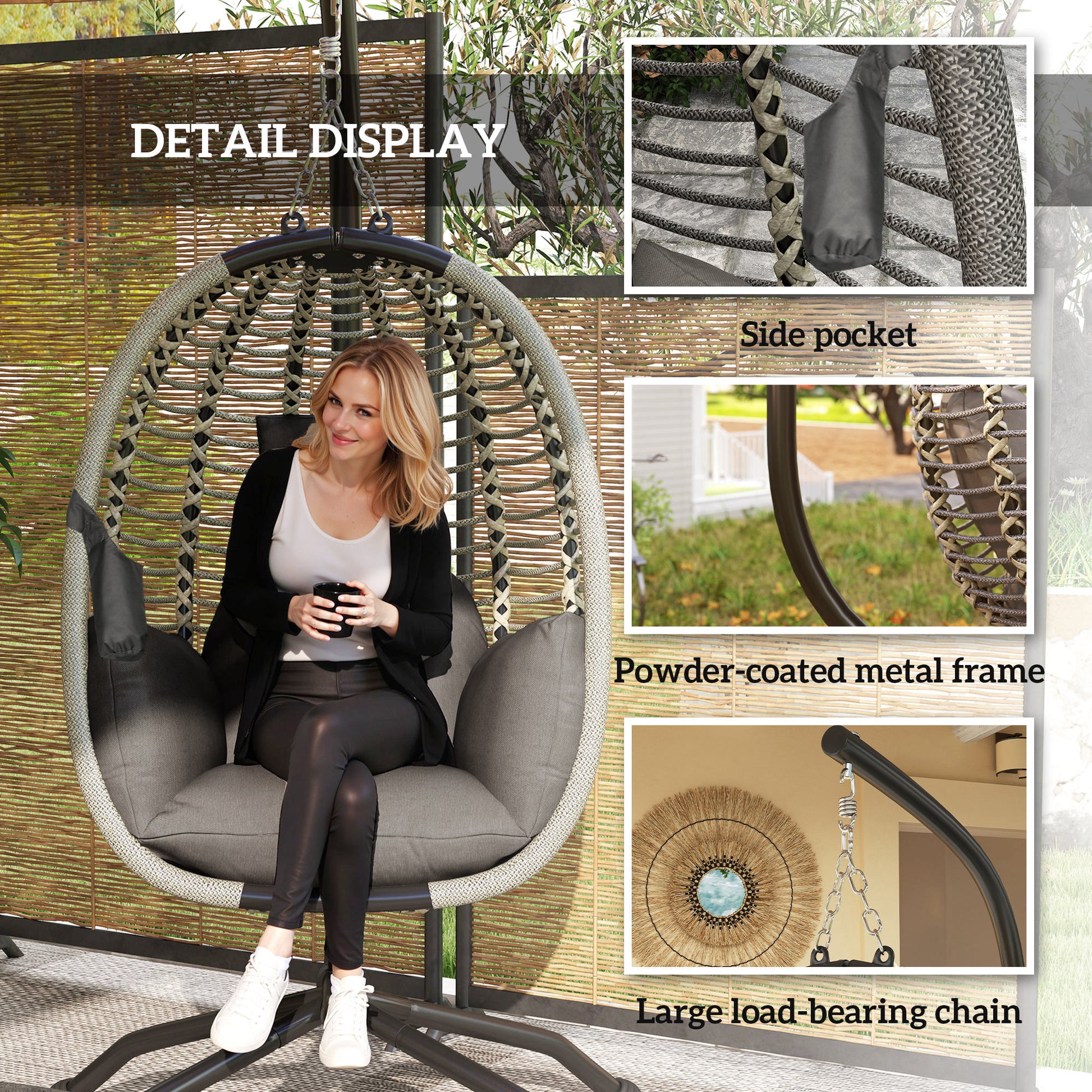 Outsunny Outdoor Swing Chair with Thick Padded Cushion, Patio Hanging Egg Chair with Metal Stand, Foldable Basket, Cup Holder, Rope Structure for Indoor & Outdoor, Dark Grey