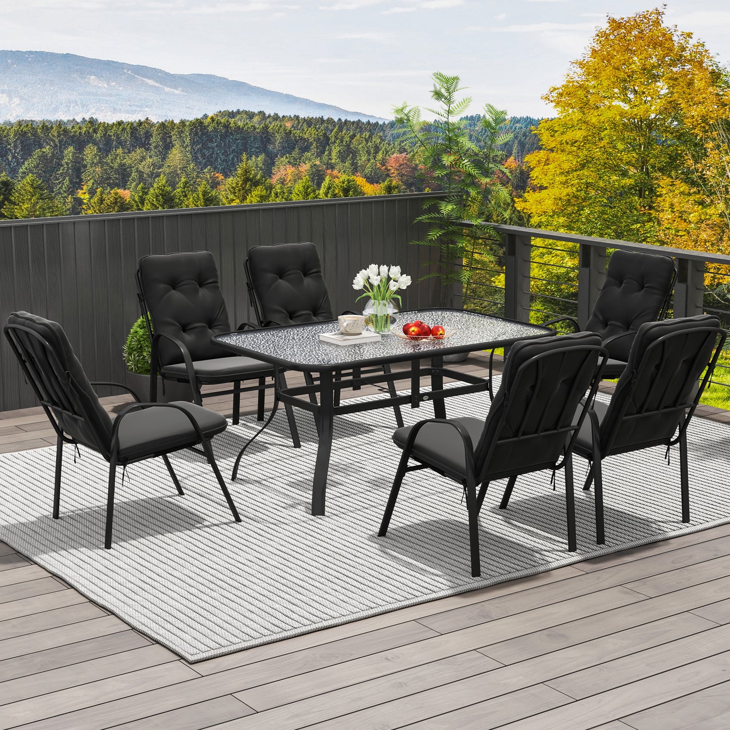 Outsunny Seven-Piece Garden Dining Set with Cushions - Black