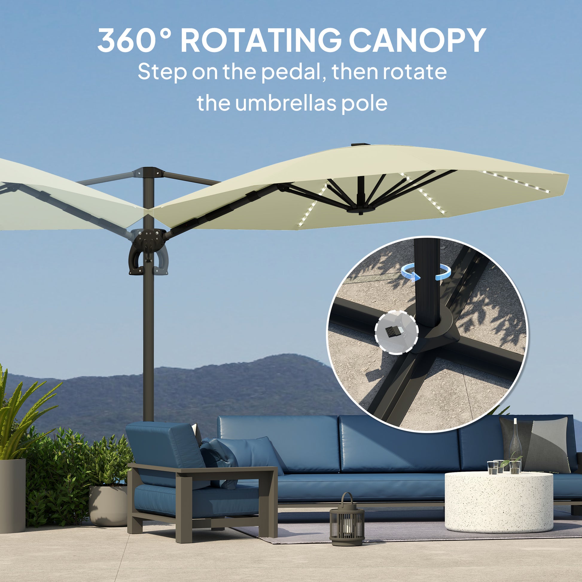 Outsunny 3(m) Cantilever Garden Parasol with Solar Powered Lights, Crank Handle & Cross Base, UPF 50+, 360° Rotation, Cream