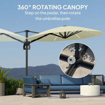 Outsunny 3(m) Cantilever Garden Parasol with Solar Powered Lights, Crank Handle & Cross Base, UPF 50+, 360° Rotation, Cream