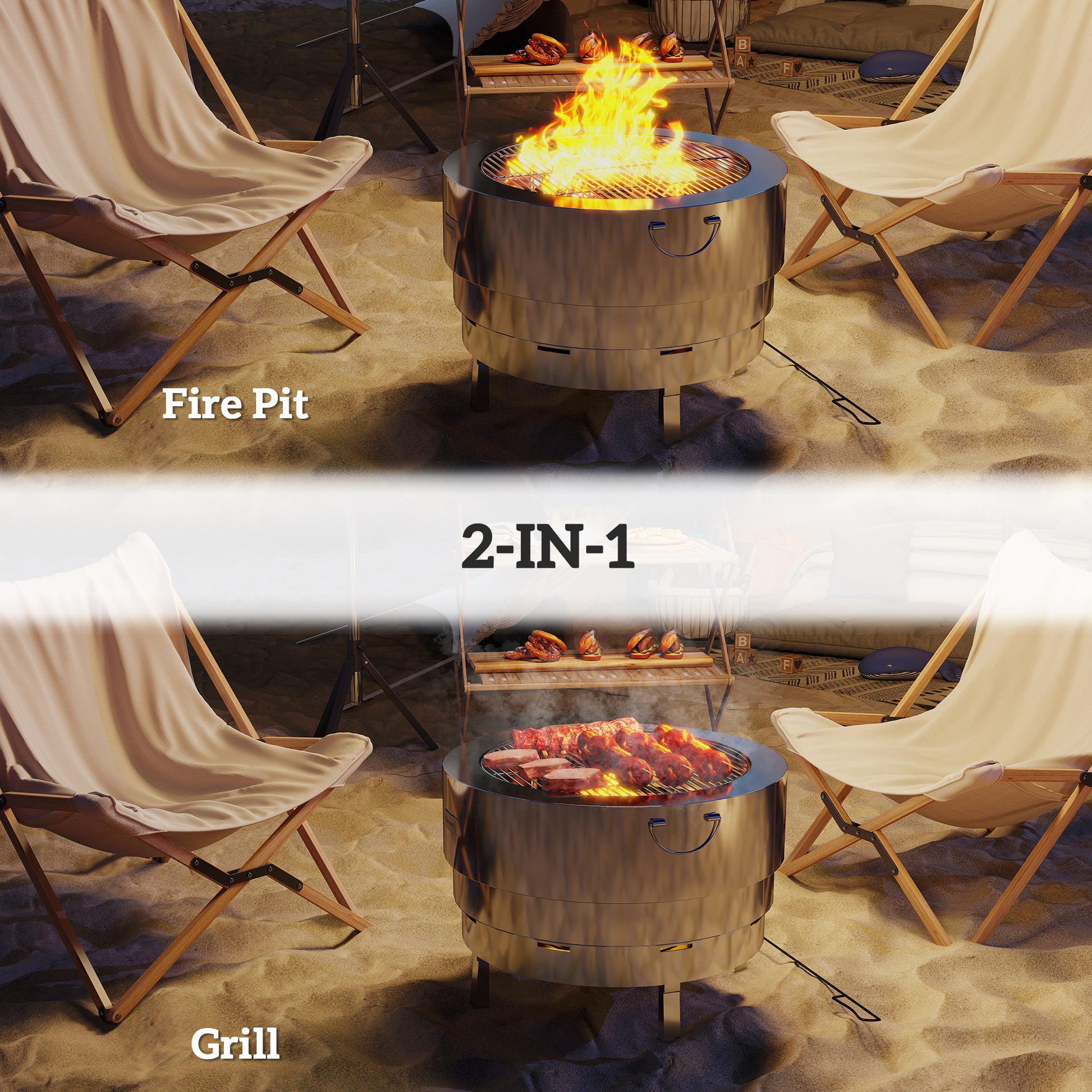 Outsunny Stainless Steel Wood-burning Fire Pit with Fire Poker - Silver