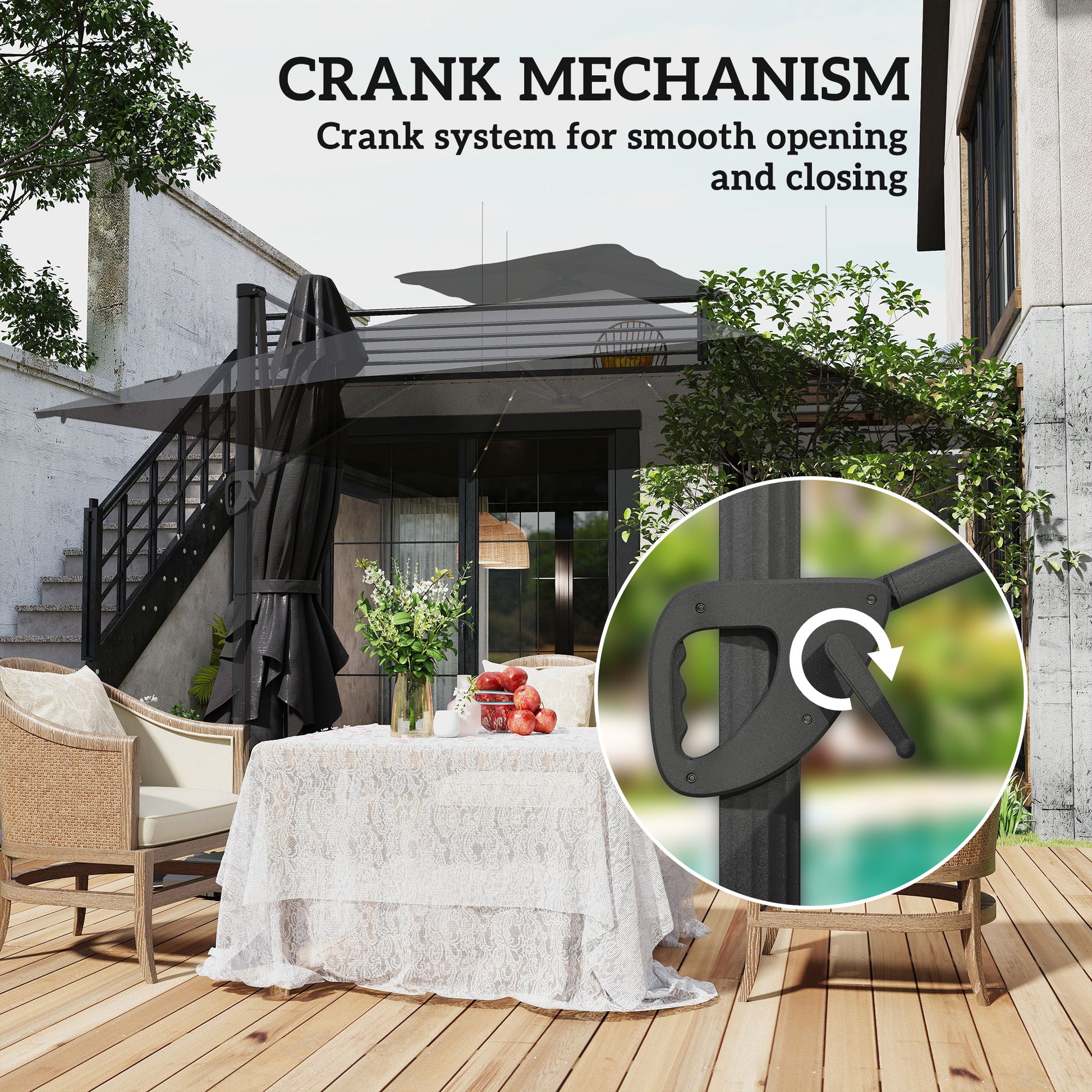 Outsunny 3.5x3 m Garden Cantilever Parasol with Solar LED Lights and Centre Light, UPF50+ Aluminium Patio Umbrella with 360° Rotation and Tilt, Hanging Sun Shade with Cross Base, Crank Handle, Black