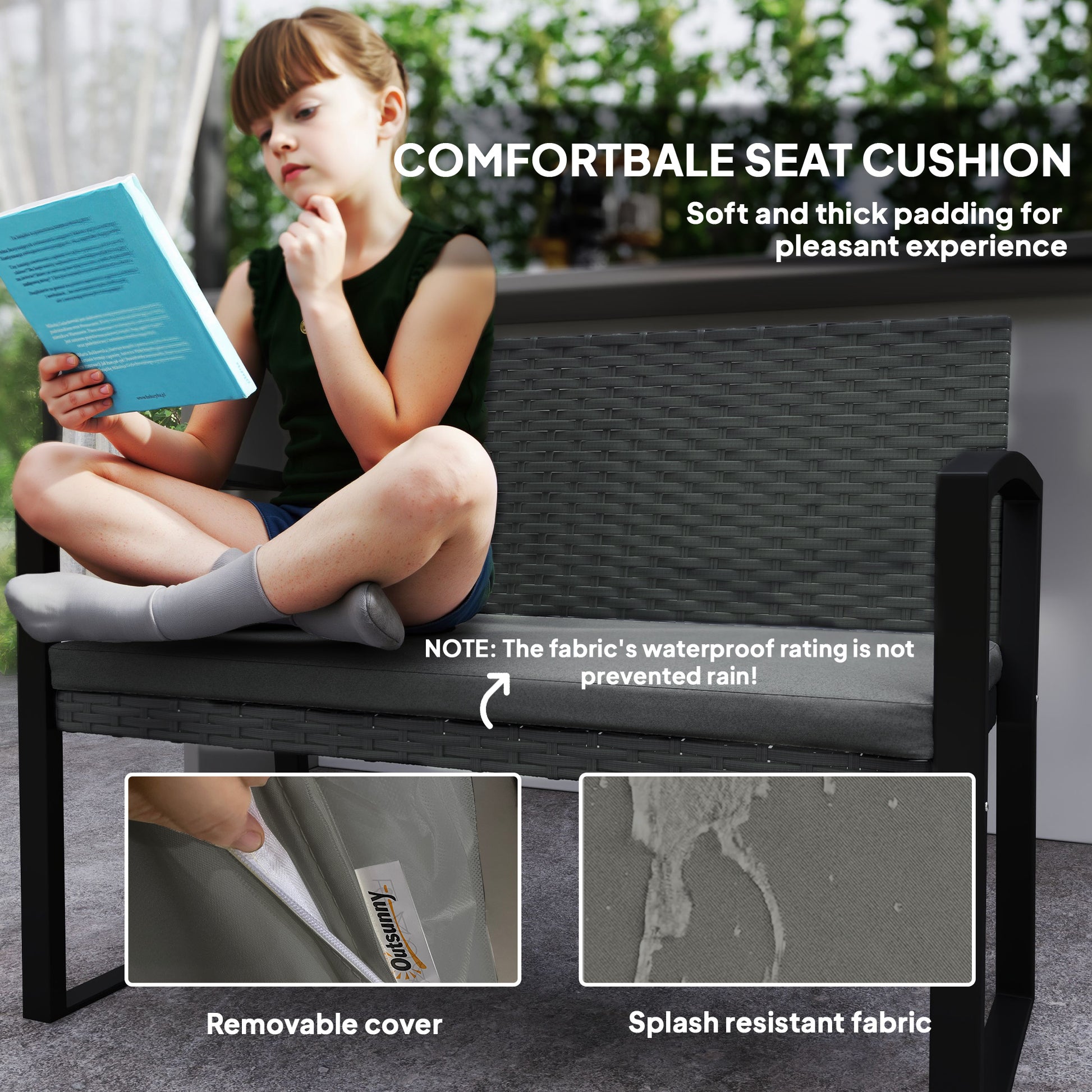 Outsunny Two-Seater Rattan Garden Bench - Grey/Black