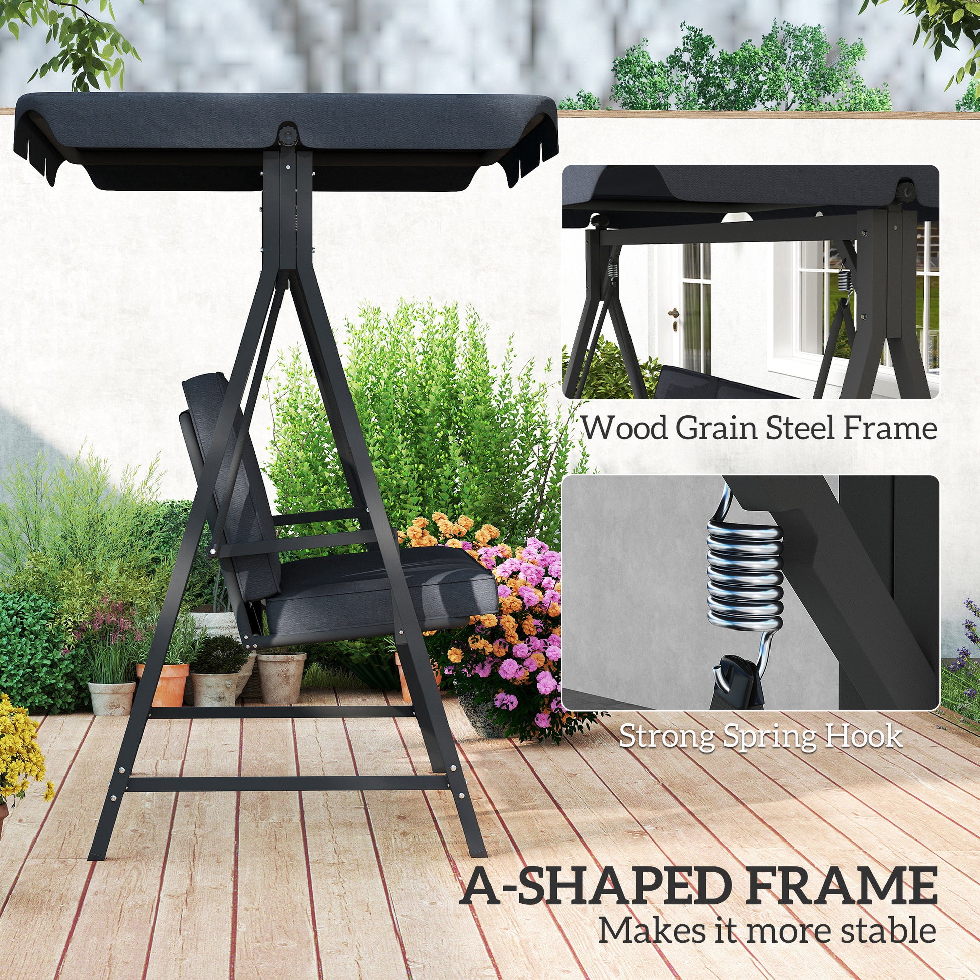 Outsunny Three-Seater Garden Swing Bench, with Adjustable Canopy - Dark Grey