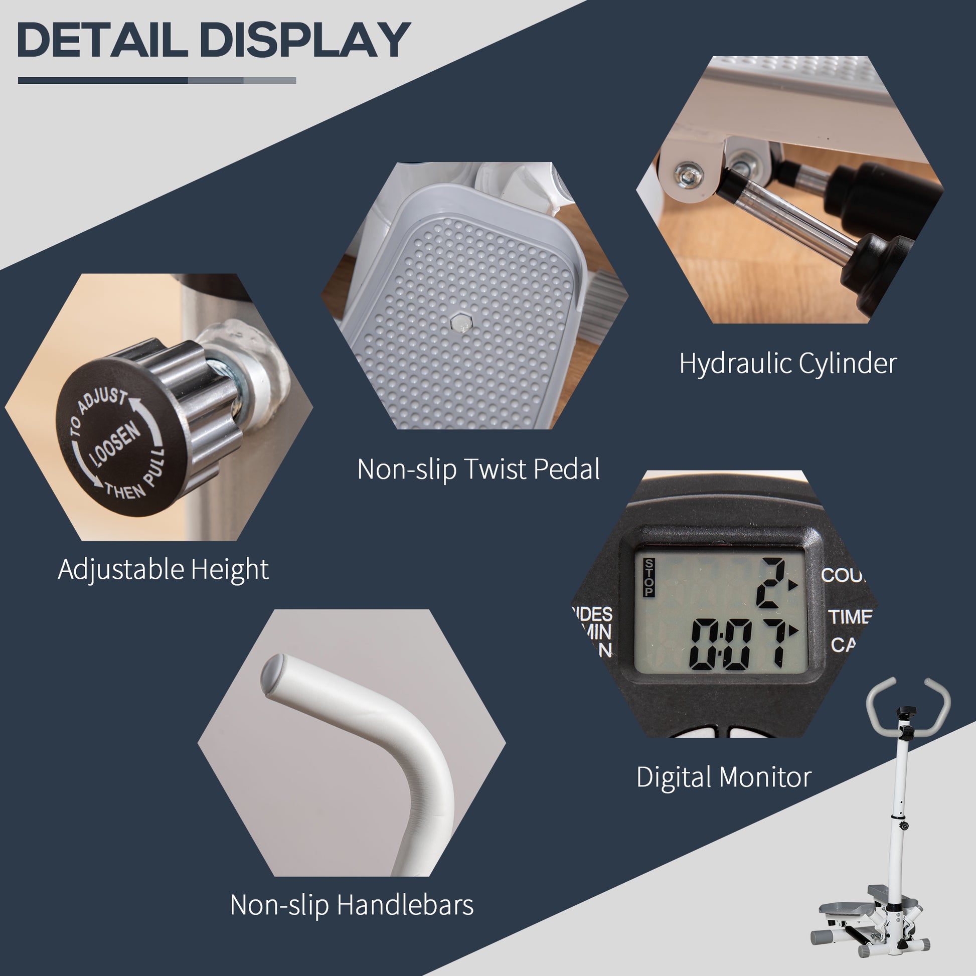 HOMCOM Adjustable Twist Stepper Aerobic Ab Exercise Fitness Workout Machine w/ LCD Screen, Height Adjust Handlebars for Home Gym, White