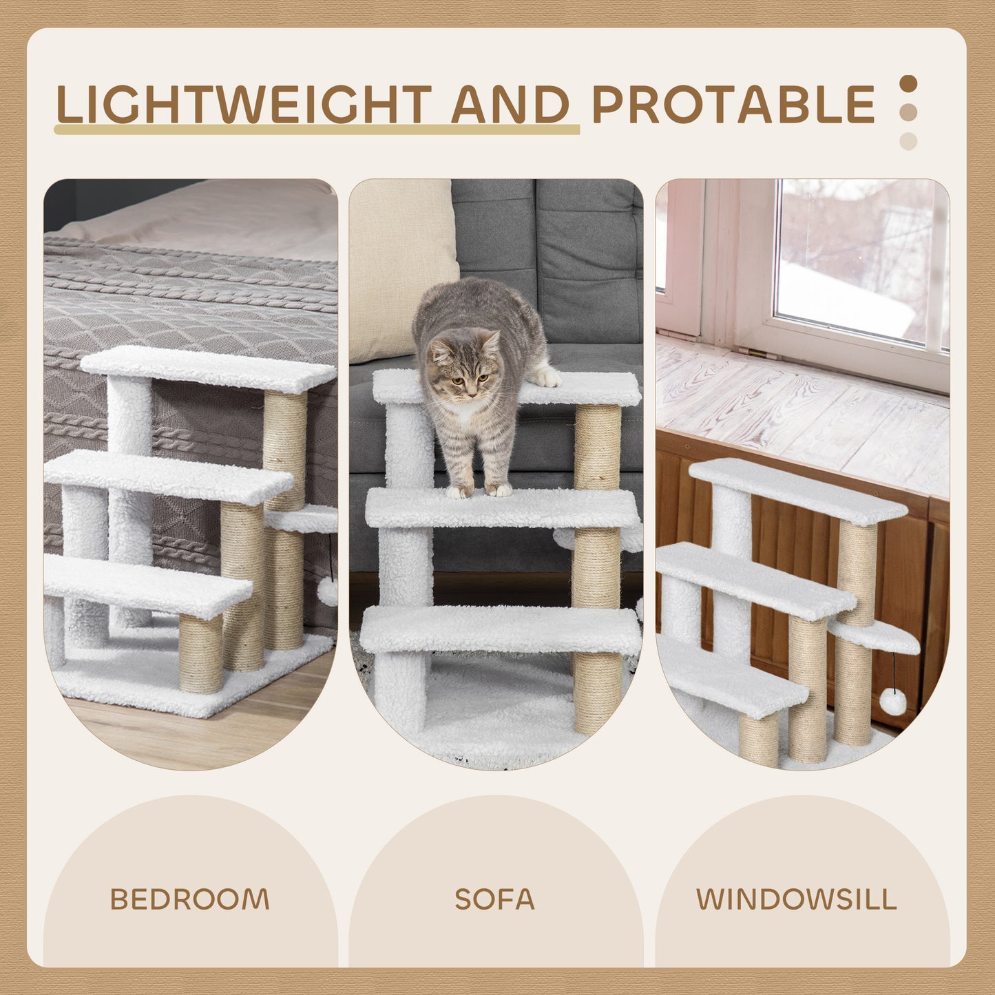 PawHut Pet Stair with 3-step Climb Ladder, Scratching Posts, Platforms, Toy Ball, for Indoor Elderly Cats Kittens, White