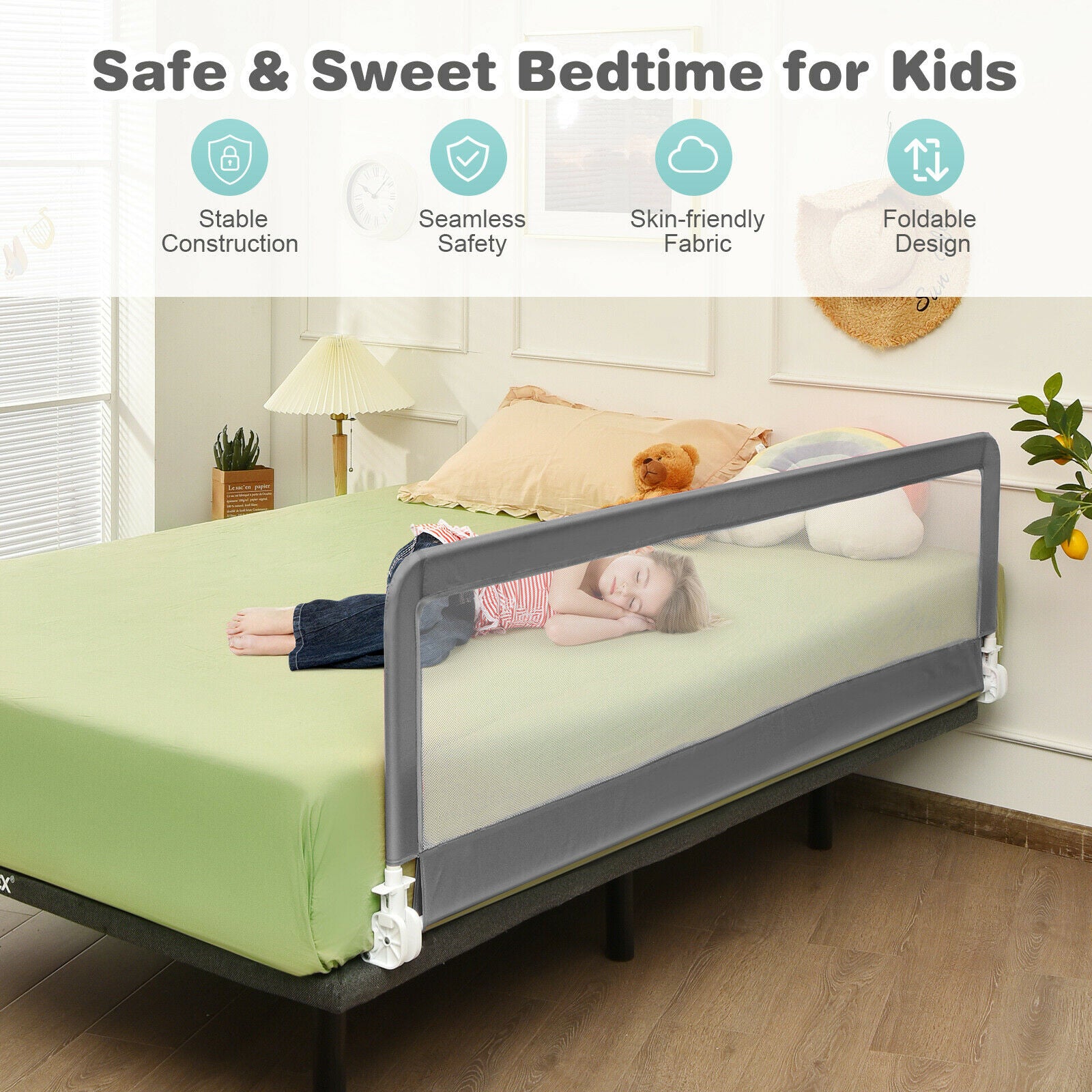 Universal Folding Bed Rail with Safety Strap-Grey